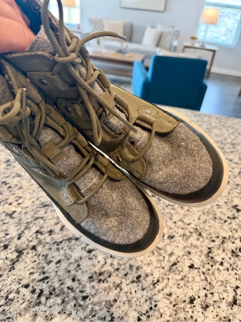 Sorel Explorer Next Joan Women's Waterproof Boots Size 7 Green Grey Suede Wool